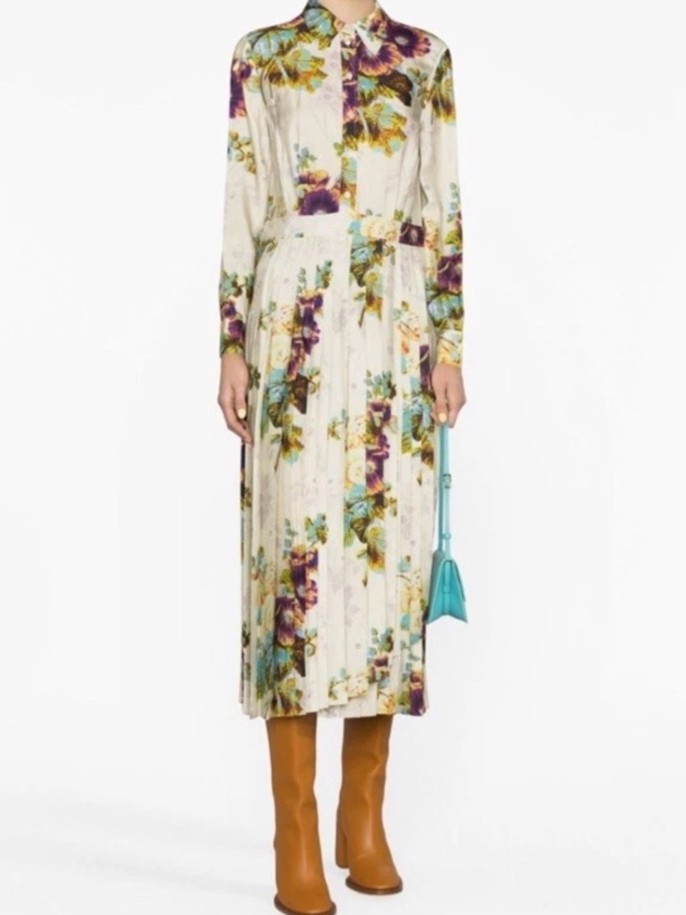 Tory Burch Floral Button-Front Midi Dress in Cream with Purple Blooms